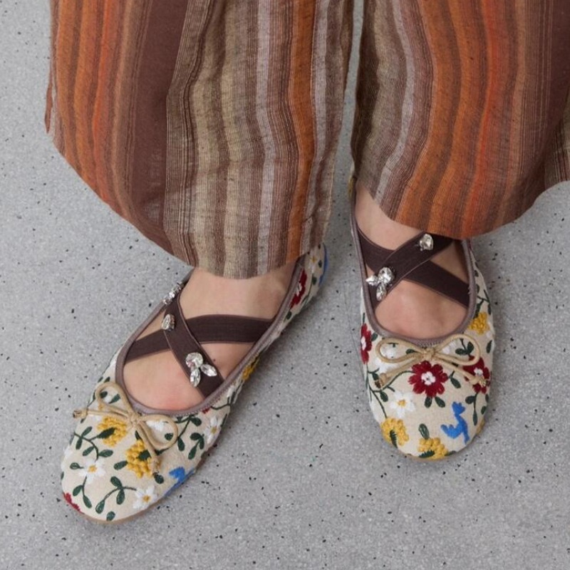 Embroidery Flower - Embroidery Flower Ballet Flats Women Rhinestone