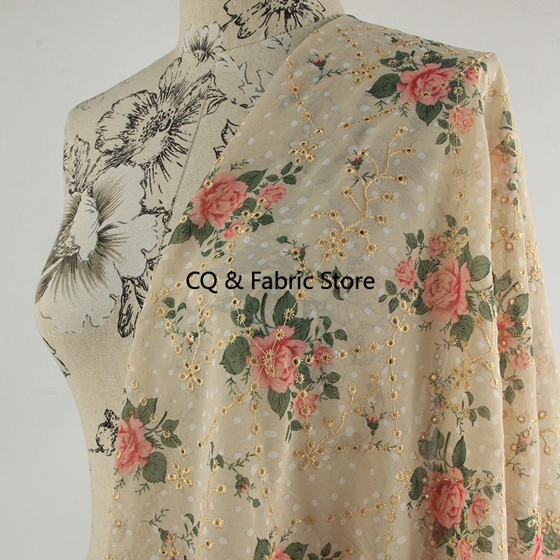 Embroidery Rose - New rose pattern embroidery printed chiffon