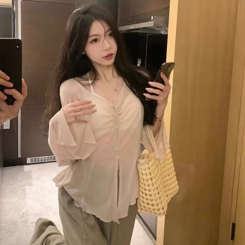 Embroidery Origin - Sheer Flare Sleeve Blouse - Y2K