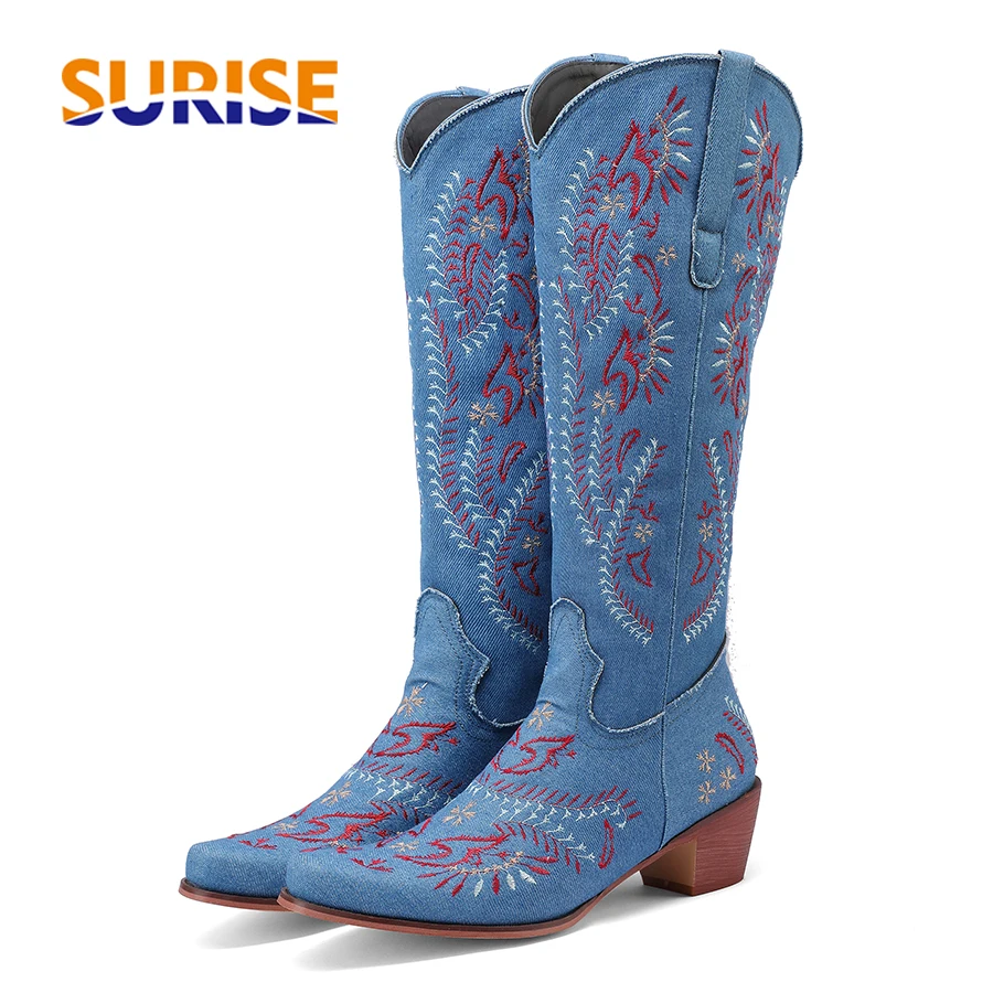 Embroidery Flower - Blue Denim Western Cowgirl Knee High