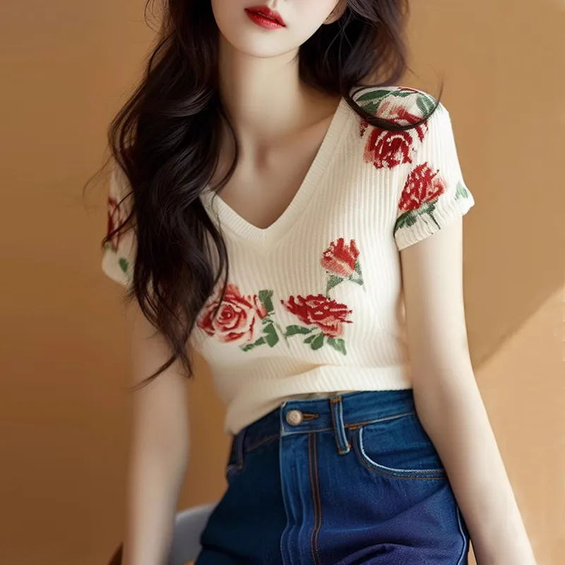 Women's Beige V Neck Knit Top  - Embroidery Rose review and price