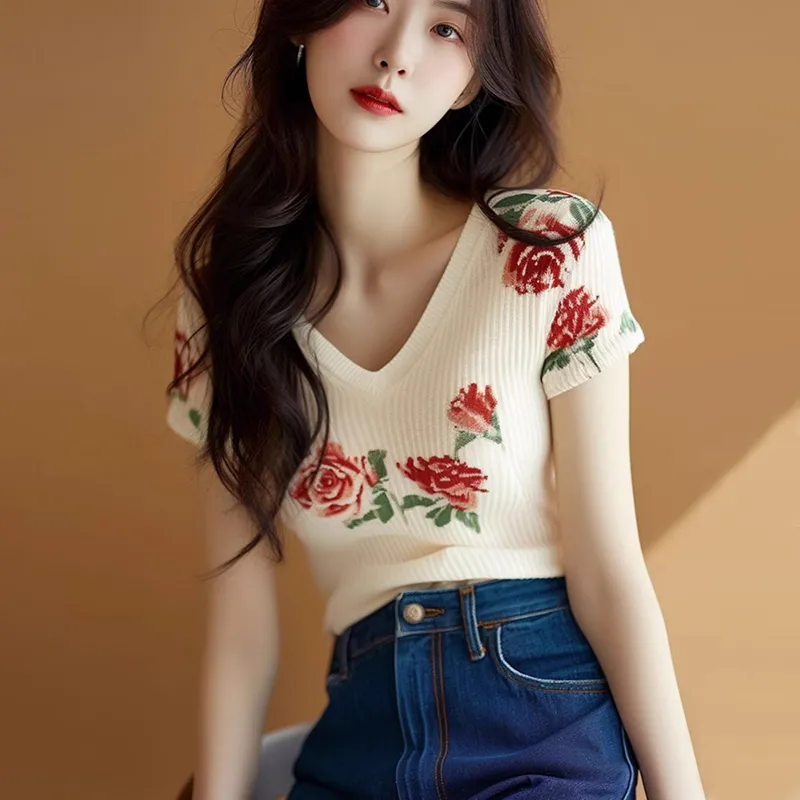 Women's Beige V Neck Knit Top  - Embroidery Rose review and price