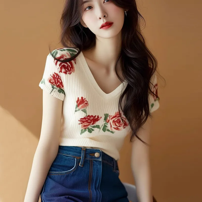 Women's Beige V Neck Knit Top  - Embroidery Rose review and price