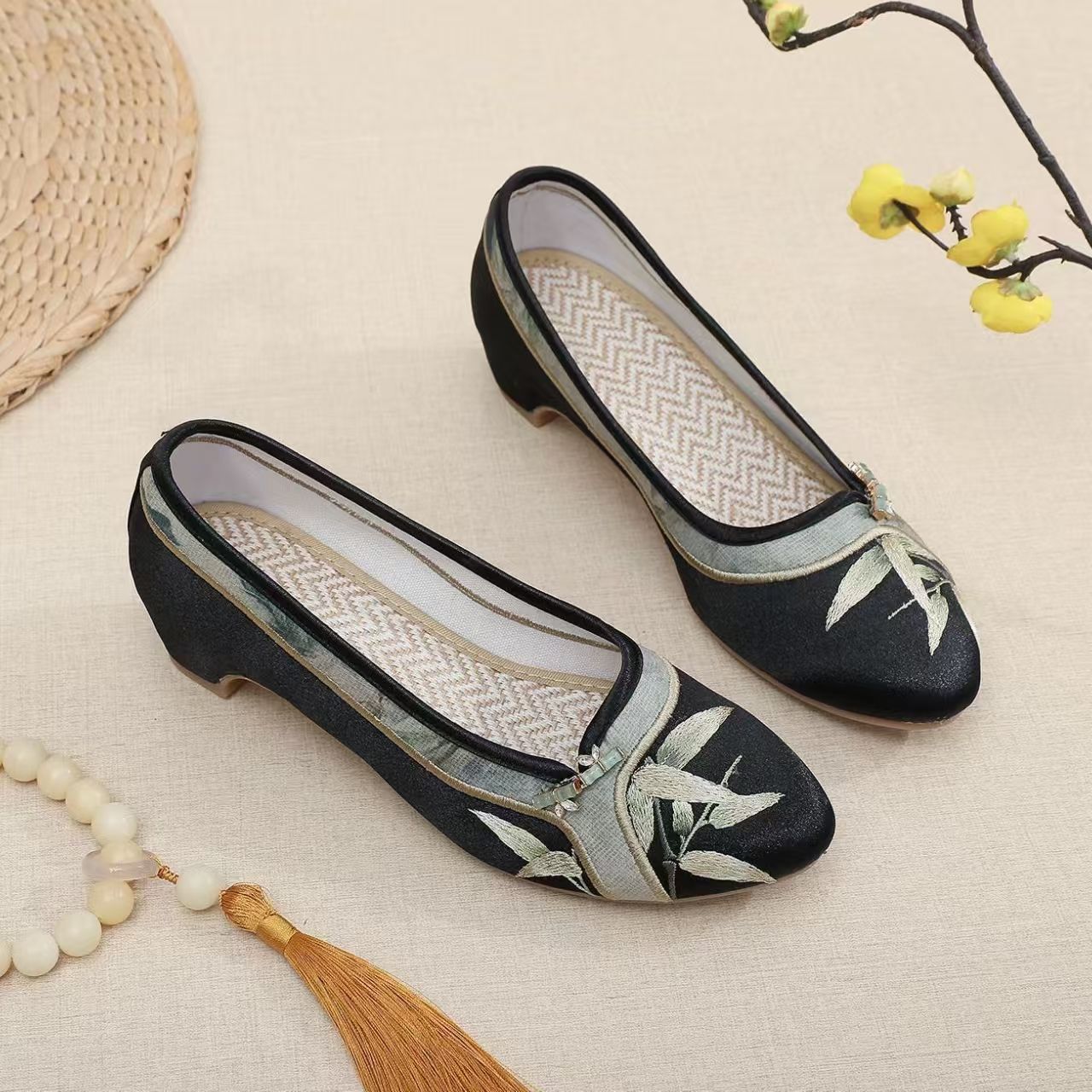 Woman Low Heel Embroidered Che - Embroidery Fabric review and price