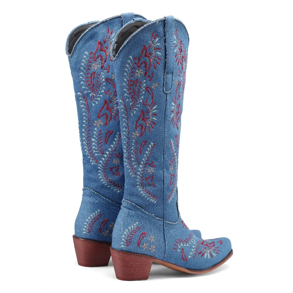Blue Denim Western Cowgirl Kne - Embroidery Flower review and price